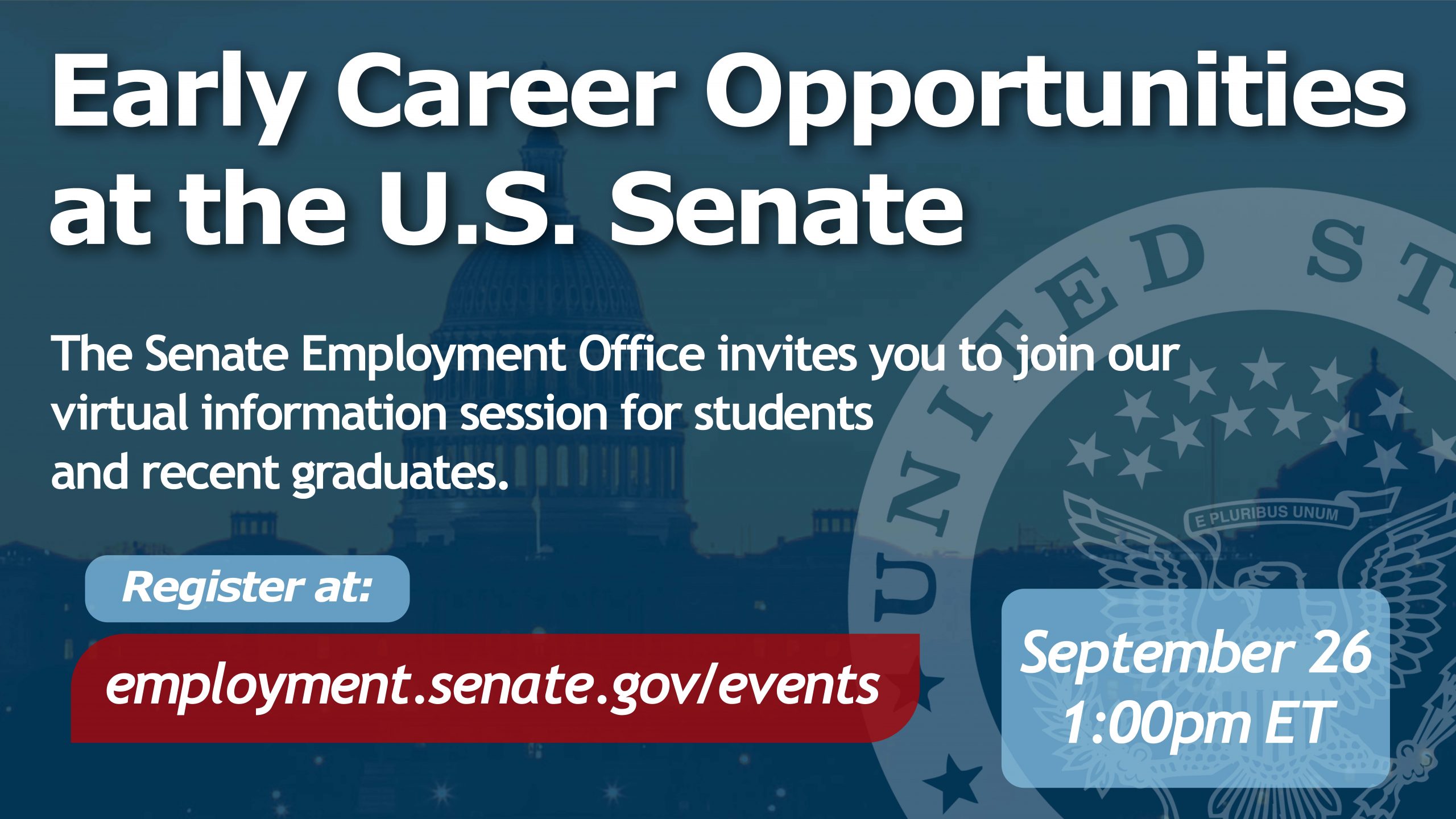 Early career opportunities at the U.S. Senate webinar promotional image.