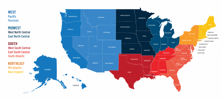 Map of the US Regions for all 50 states.