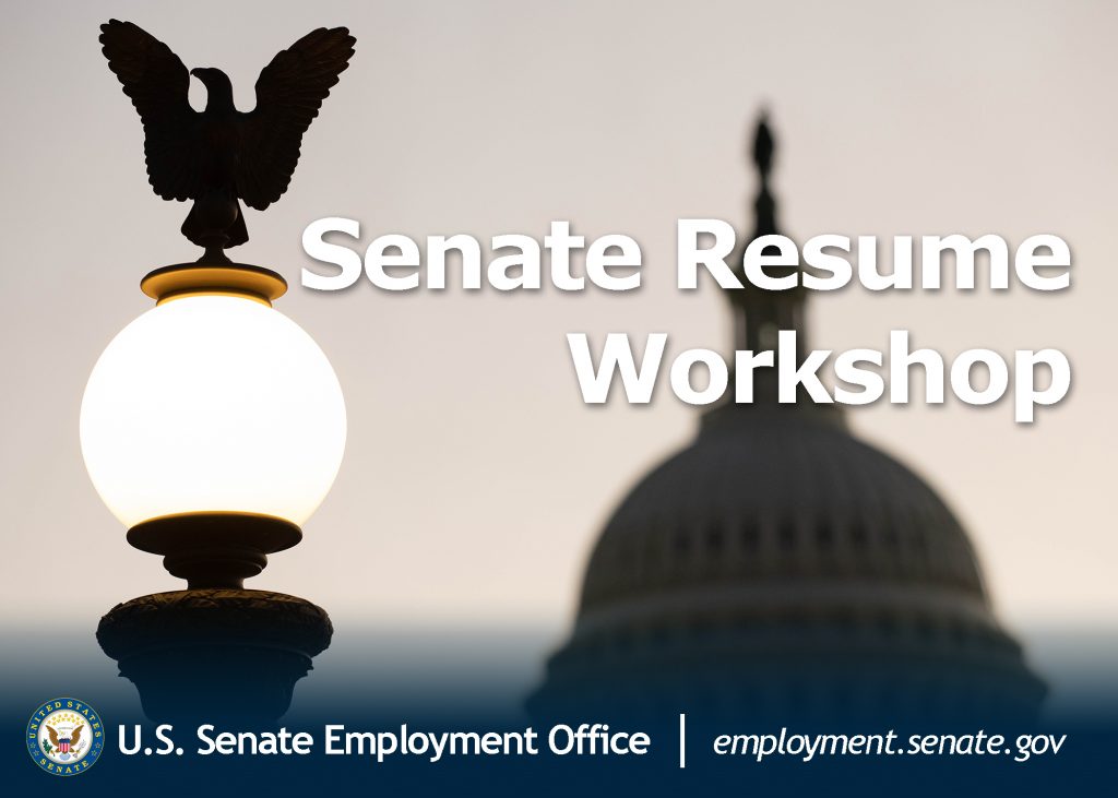 A street lamp with the US capitol in the background. Headline text reads "Senate Resume Workshop"